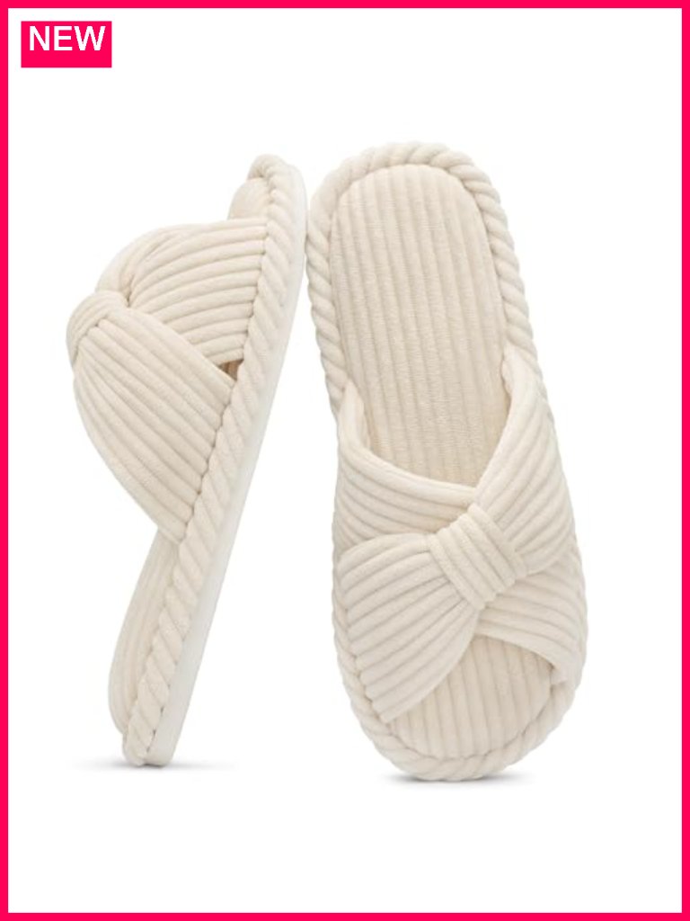 Women's Corduroy Cross Bow Slippers Open Toe Memory Foam House Slippers